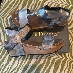 Pierre Dumas Chantal sandals in pewter. Size 10. Run small. New in box.